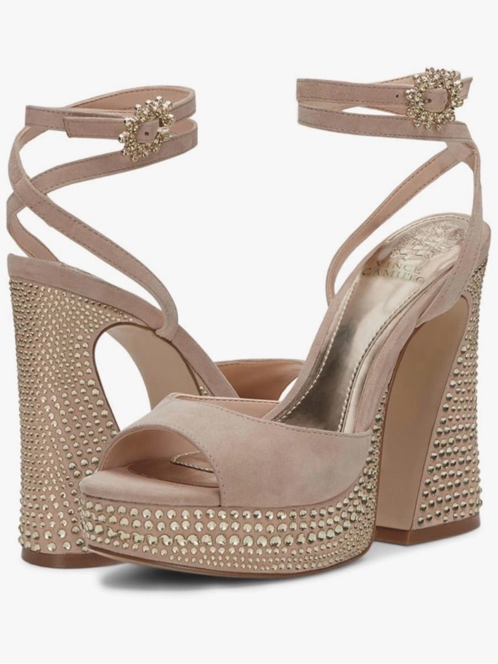 Vince Camuto Inna 9M Platform Jewel Embellishment Sandal Champagne Suede